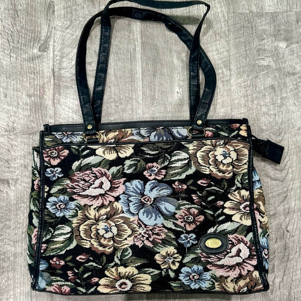 Vintage 80s MITZI Floral Tapestry‎ Carpet Shoulder Tote Bag Boho Cottage Core
